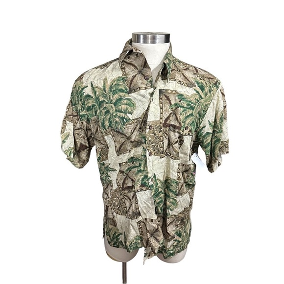 Tori Richard Men XL Aloha Shirt Palm Tree All Over Brown Green Made In Hawaii - Picture 1 of 14